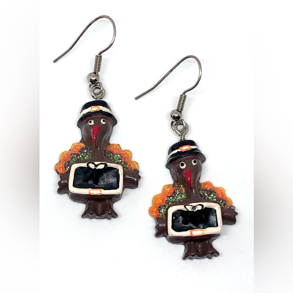 Vintage Thanksgiving Turkey Resin Dangle Earrings Brown w/ Orange Green Feathers